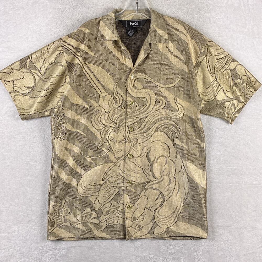 VTG Trust Camp Shirt Mens M Gold Mesh Sheer Japanese Samurai Anime Cosplay Y2K